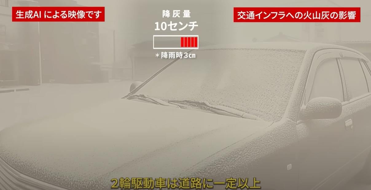 AI模擬富士山大爆發影片中,富士山噴出大量火山灰,覆蓋車輛。(互聯網)