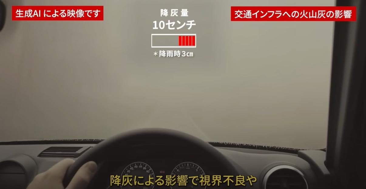 AI模擬富士山大爆發影片中,富士山噴出大量火山灰,駕駛汽車視野不清。(互聯網)