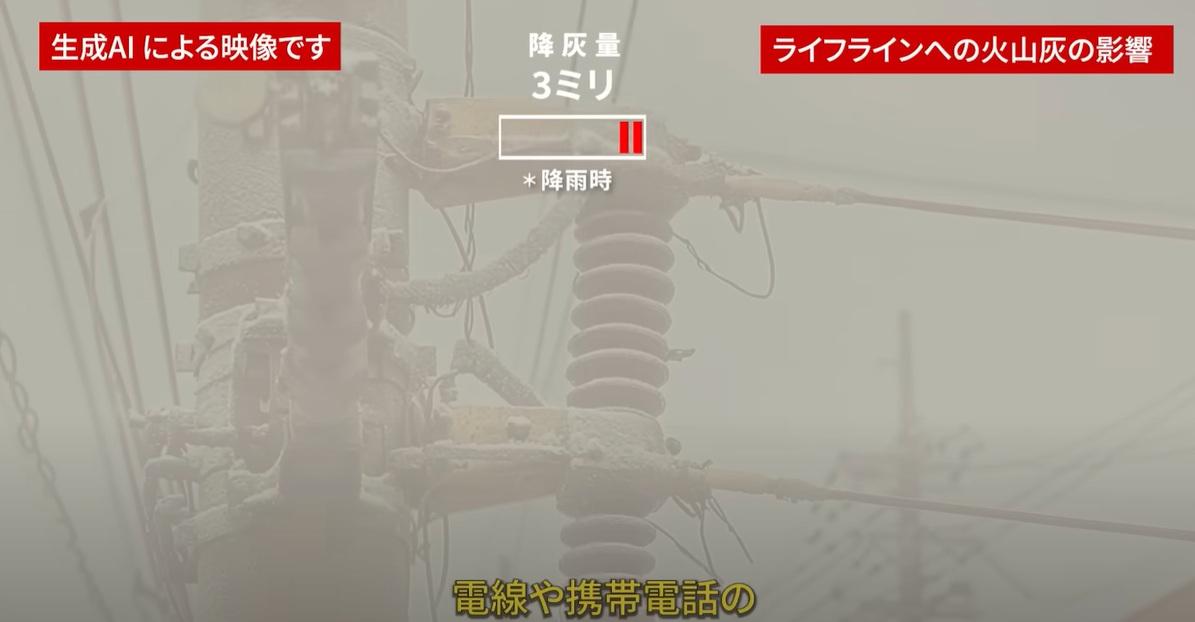 AI模擬富士山大爆發影片中,富士山噴出大量火山灰,影響供電和通訊設施。(互聯網)