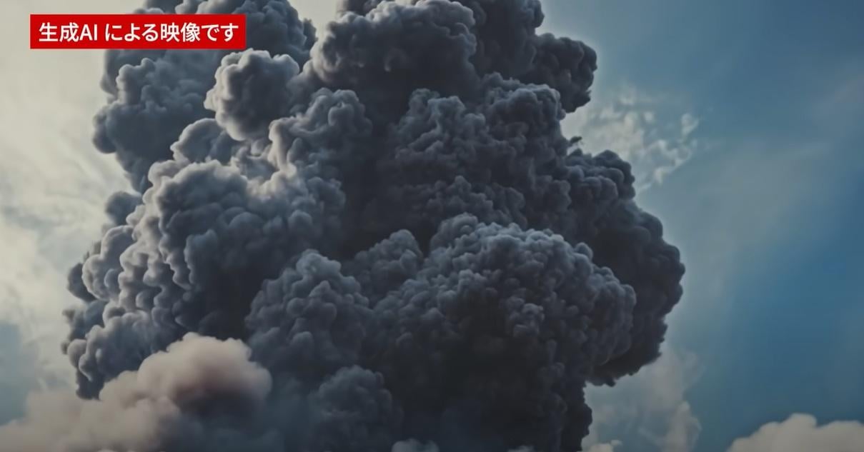 AI模擬富士山大爆發影片中,富士山噴出巨大火山灰雲。(互聯網)