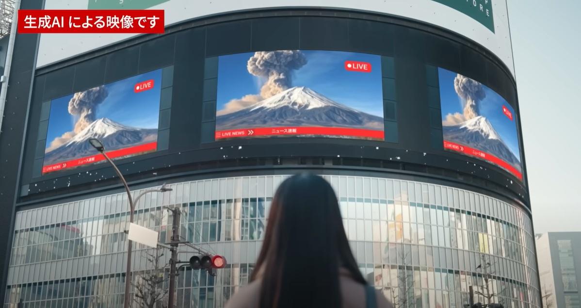 AI模擬富士山大爆發影片中,東京新宿街頭播放富士山爆發資訊。(互聯網)