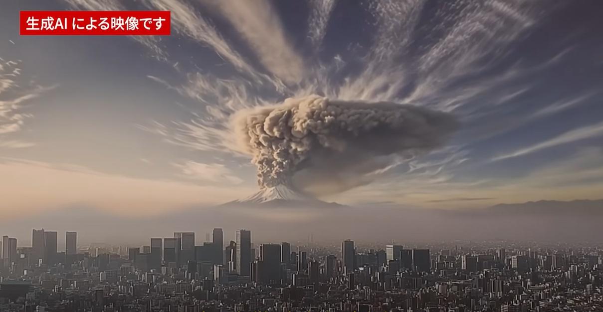 AI模擬富士山大爆發影片中,富士山噴出巨大火山灰雲。(互聯網)