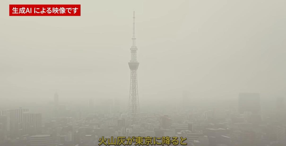 AI模擬富士山大爆發影片中,富士山火山灰籠罩東京。(互聯網)