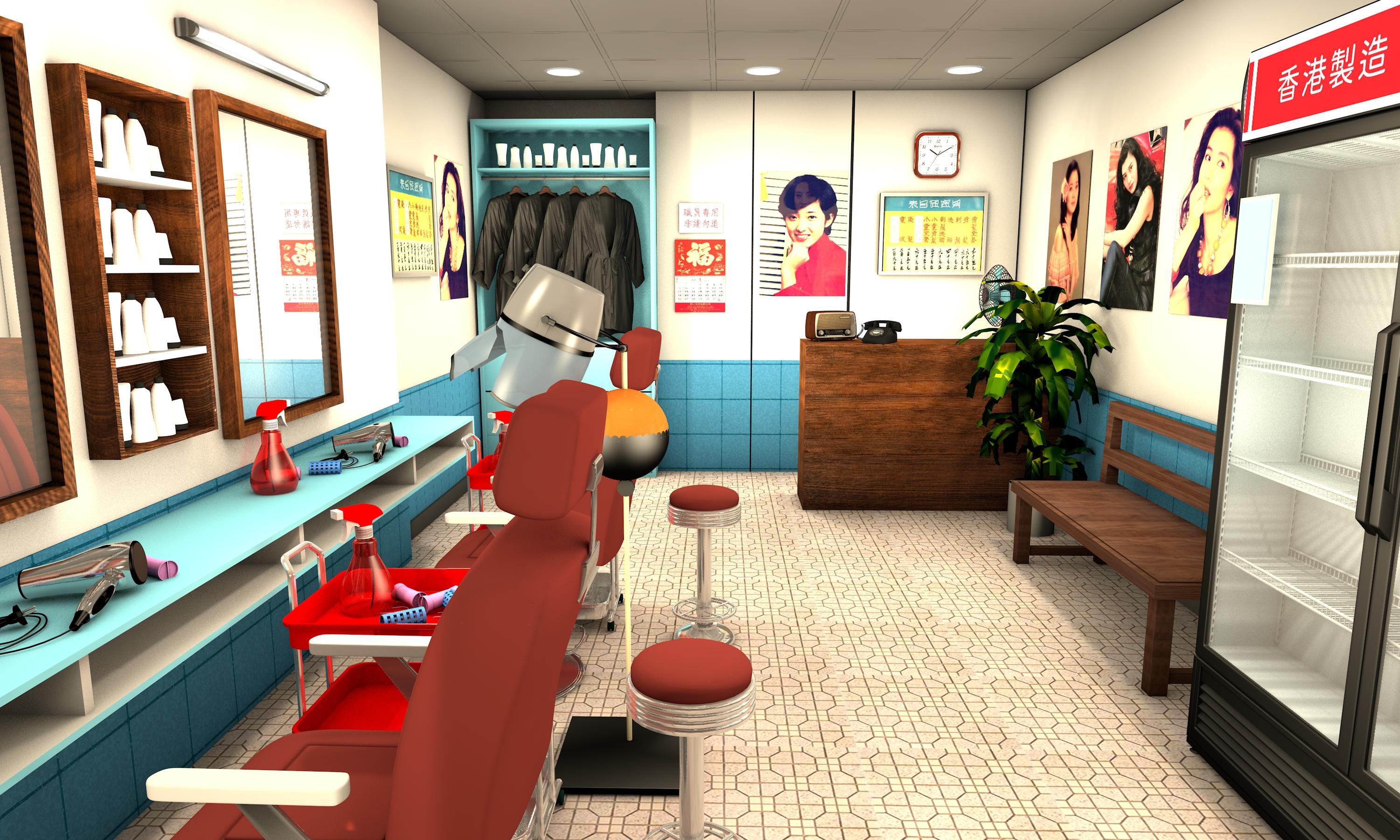 設招牌紅白藍旋轉燈筒及舊式男女賓理髮椅