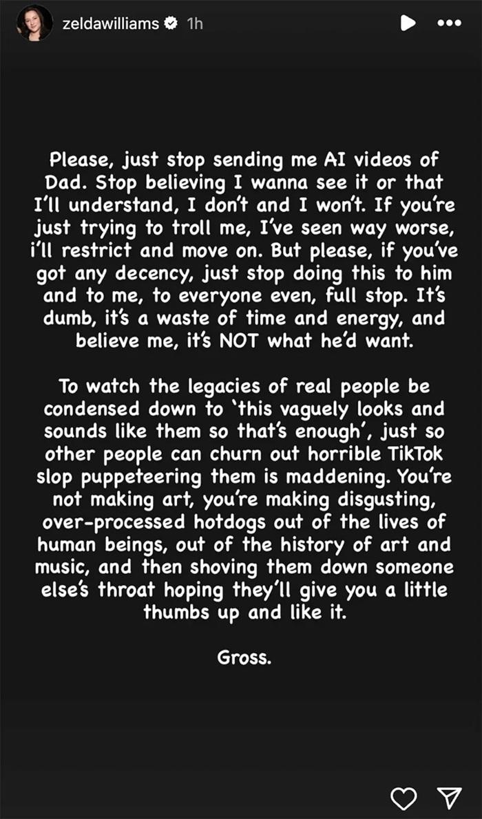 Zelda Williams在IG限時動態怒斥網民不要製作父親的AI片。