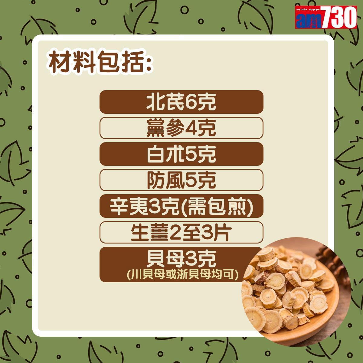 鼻敏感保健茶飲|材料包括北芪6克、黨參4克、白朮5克、防風5克、辛夷3克(需包煎)、生薑2至3片、貝母3克(am730製圖)