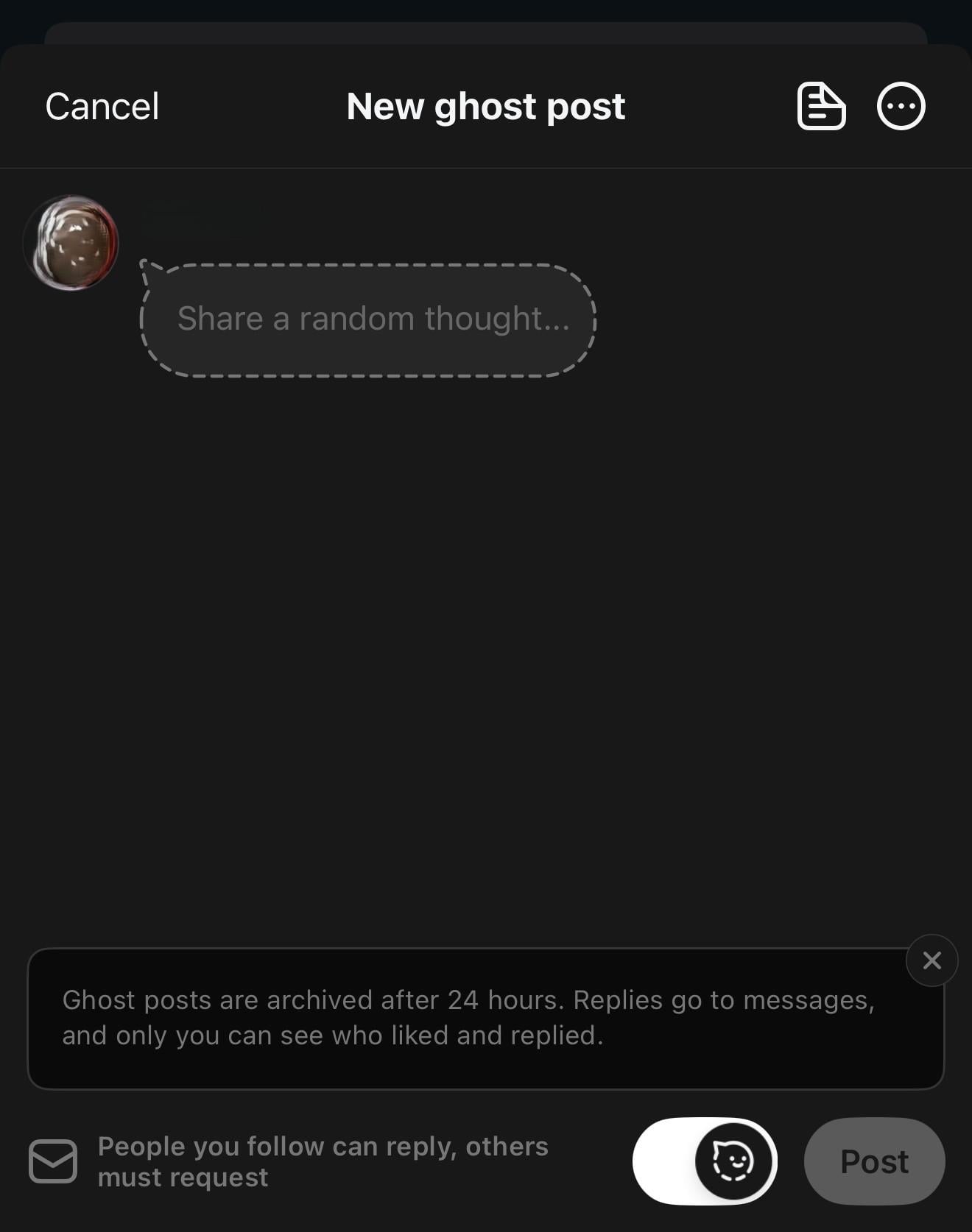 Threads新功能|在發文按鈕旁邊多了一個幽靈帖子開關。