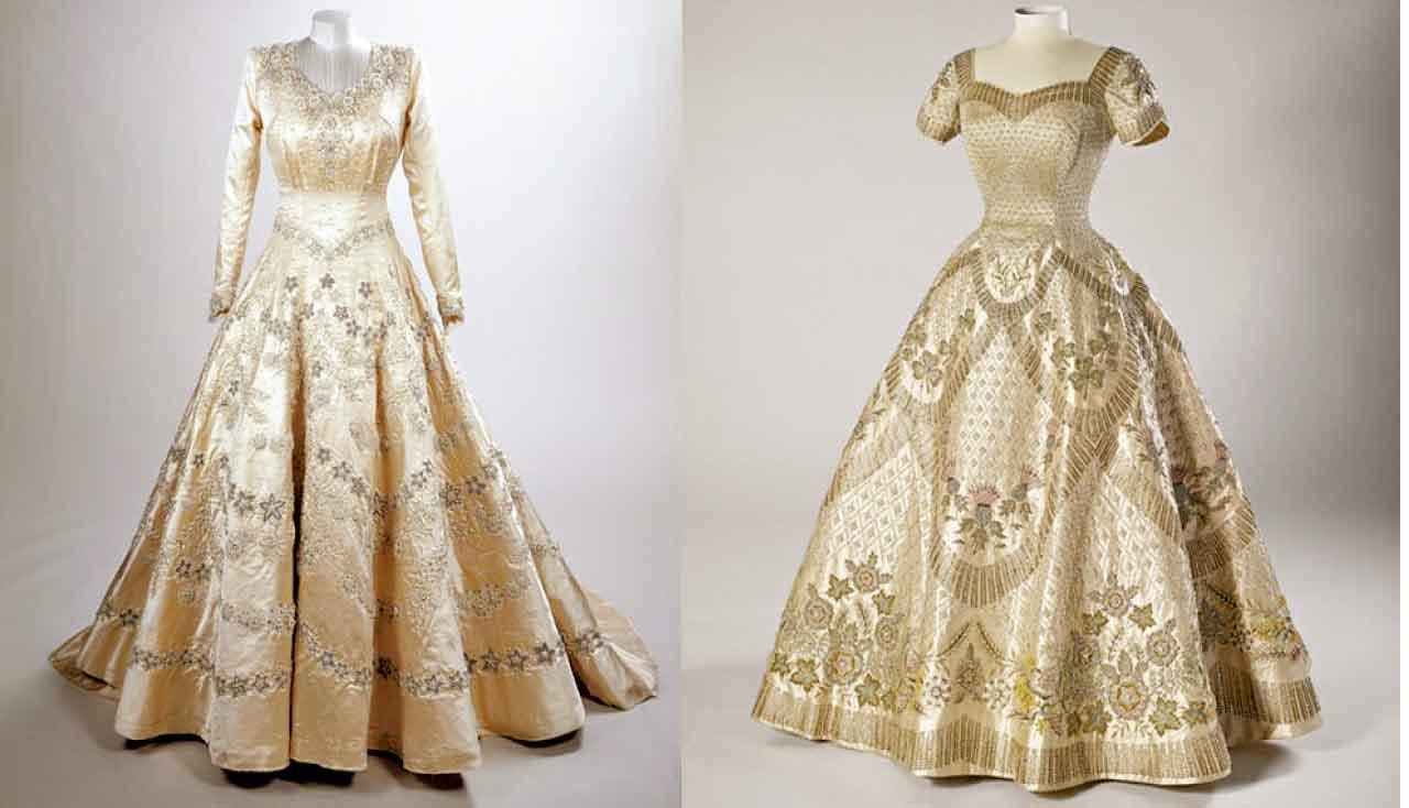 左:1947年是伊利沙白公主的婚紗,由Norman Hartnell設計。右:1953年女王的加冕禮服,亦是由Hartnell設計。