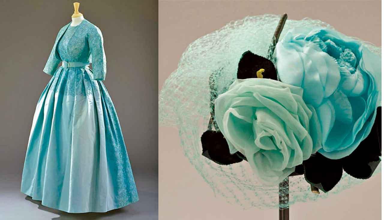 左:1960年Hartnell設計給女王出席瑪嘉烈公主婚宴的晚禮服。右:搭配由Claude St Cyr設計的帽子。