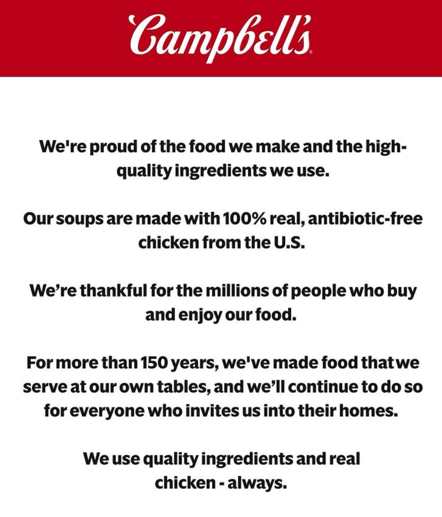 美國傳承百年的經典罐頭湯品牌金寶湯(Campbell’s )近日陷入公關災難,公司強調採用的雞肉得到美國農業部認證,絕無「3D 打印」或基因改造,希望遏止謠言。