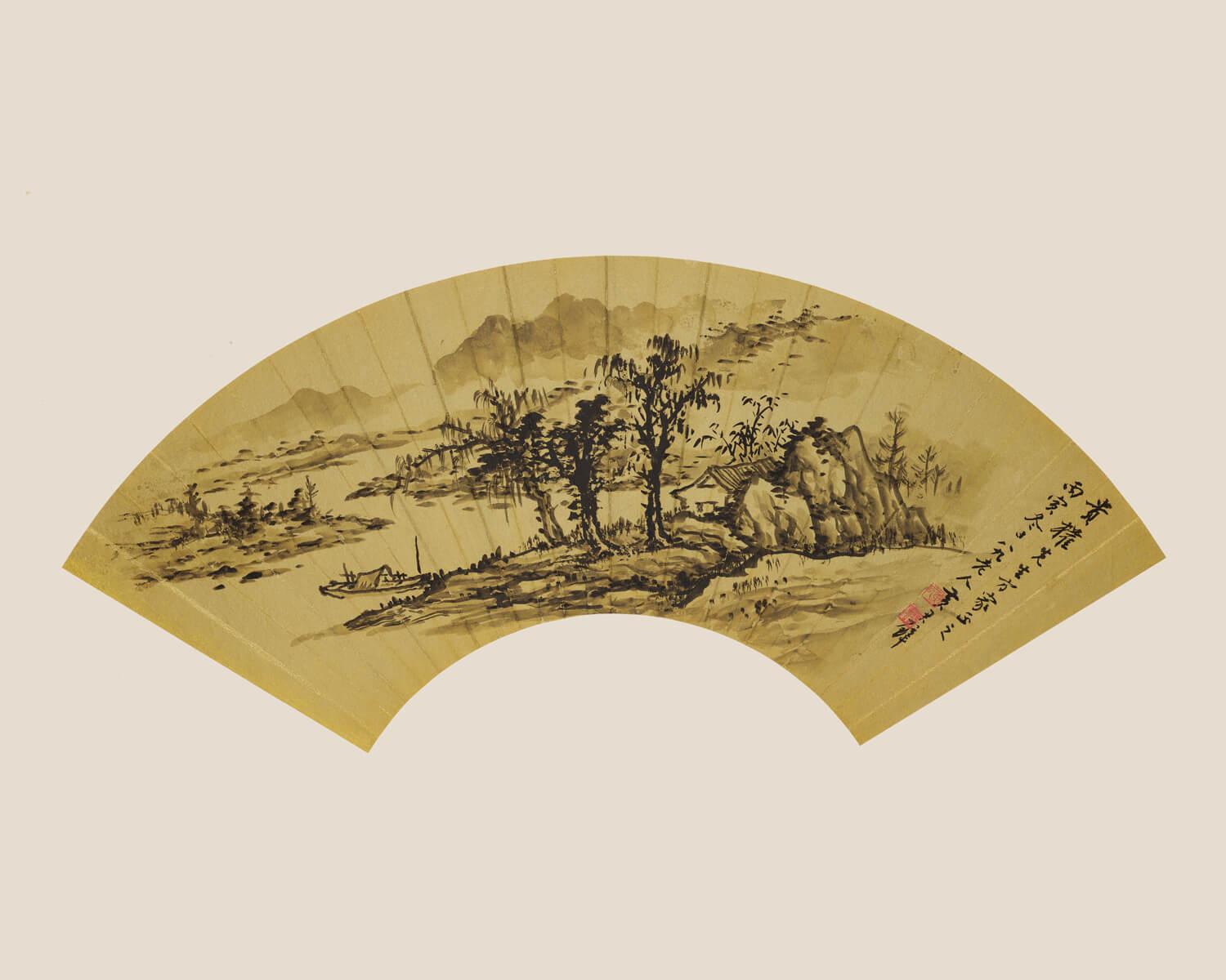 黃君璧作品《村居泊舟》。