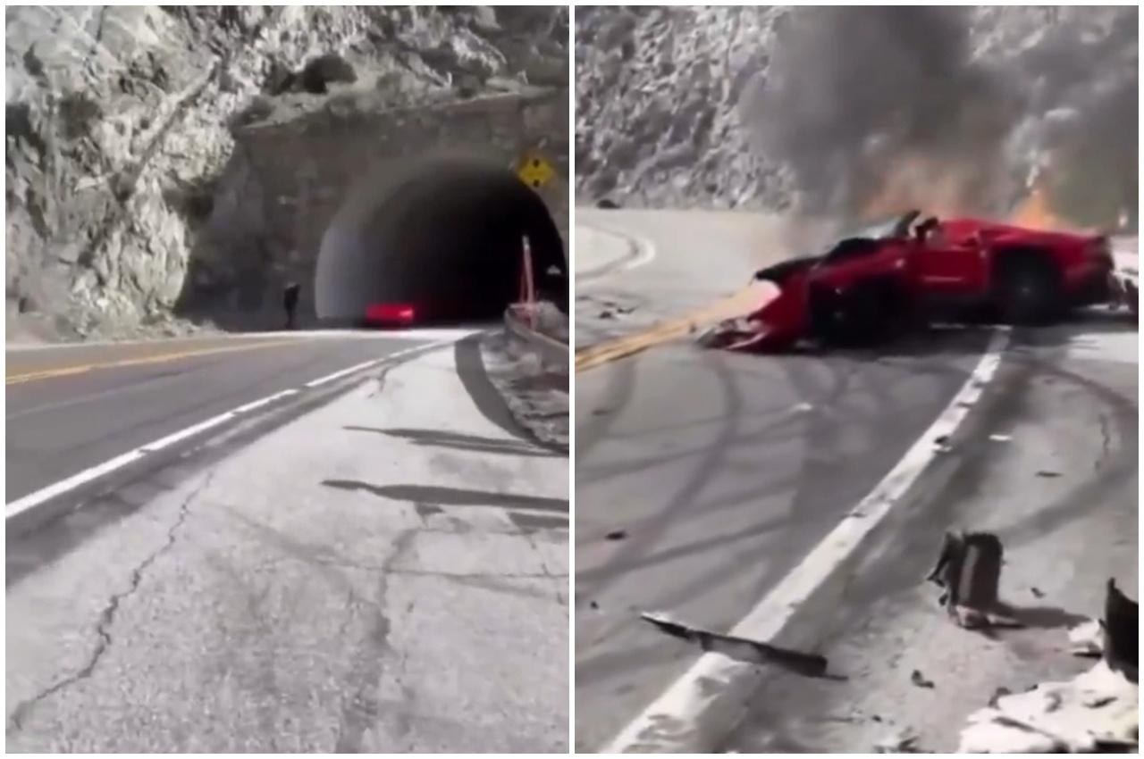 一輛紅色法拉利由隧道駛出,高速撞上混凝土護欄,汽車零件四散毀損嚴重,未幾更起火燃燒。(X)