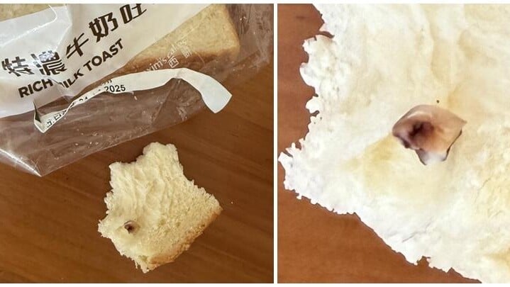 有網民發帖稱，其家人在連鎖麵包店美心西餅買入特濃牛奶麵包，進食時發現內含一隻黑色的疑似蛀牙物體(Threads)