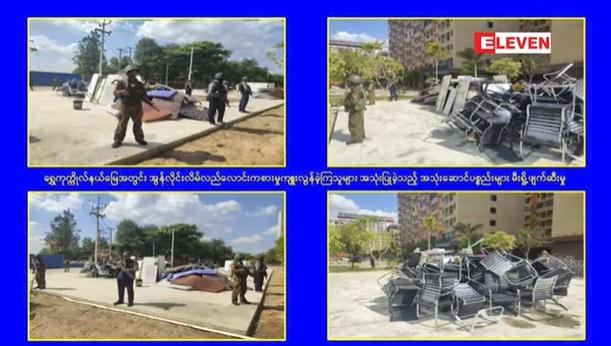 緬甸媒體播出軍方清拆及燒毀詐騙園區建築和設備的畫面。(互聯網)