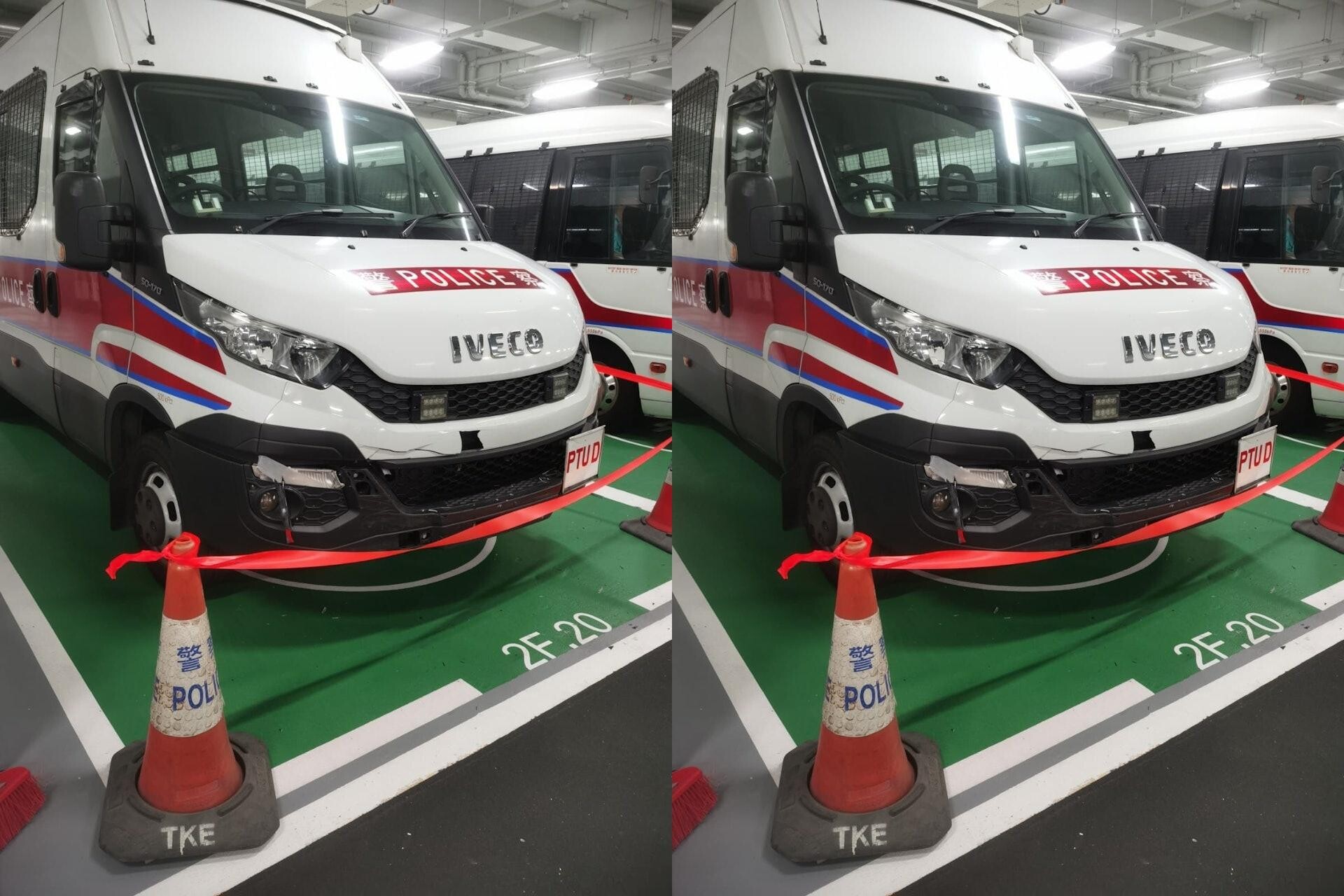 被撞的警車車頭損毀。