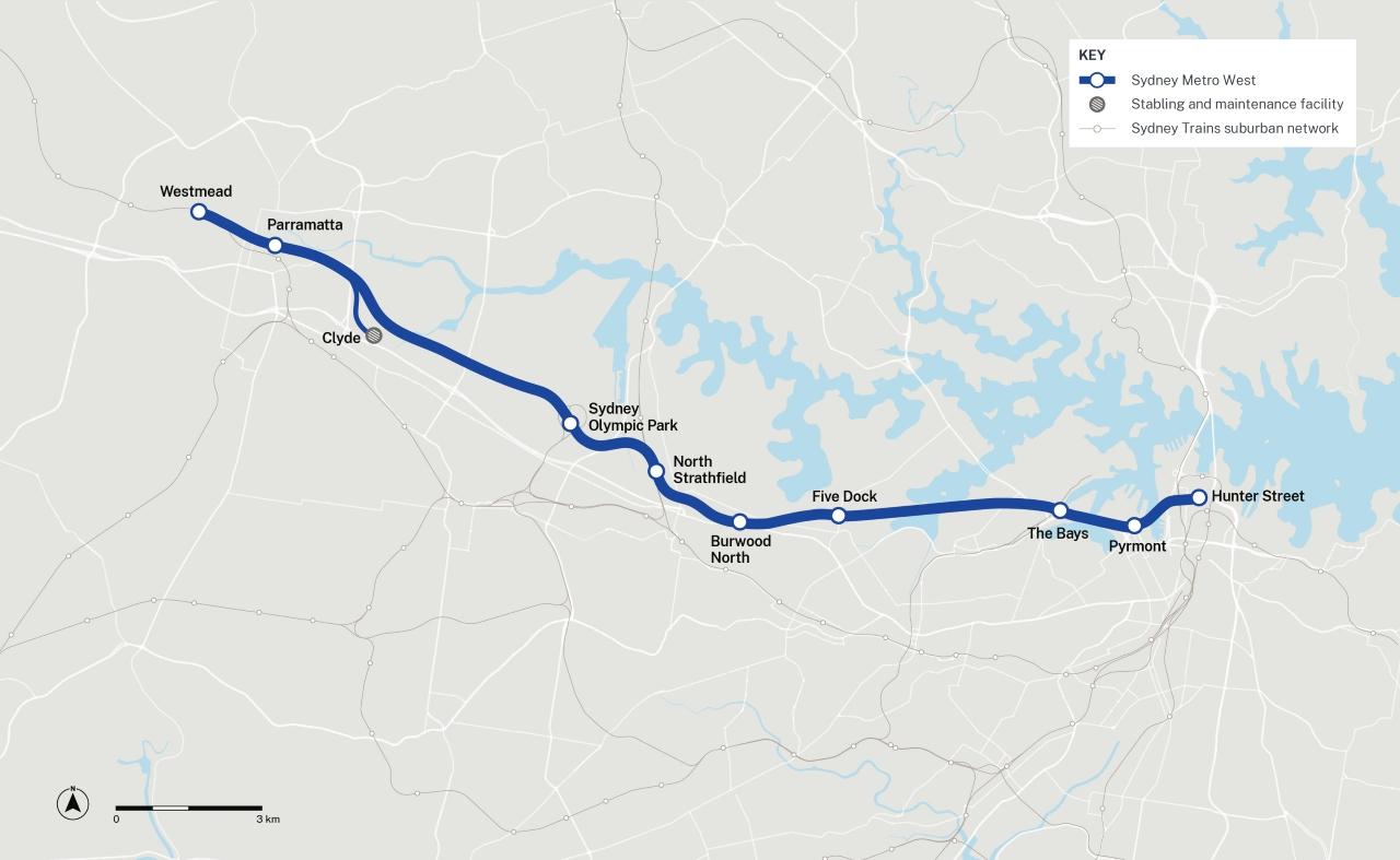 悉尼地鐵西綫全長24公里,設有9個車站。(港鐵提供)