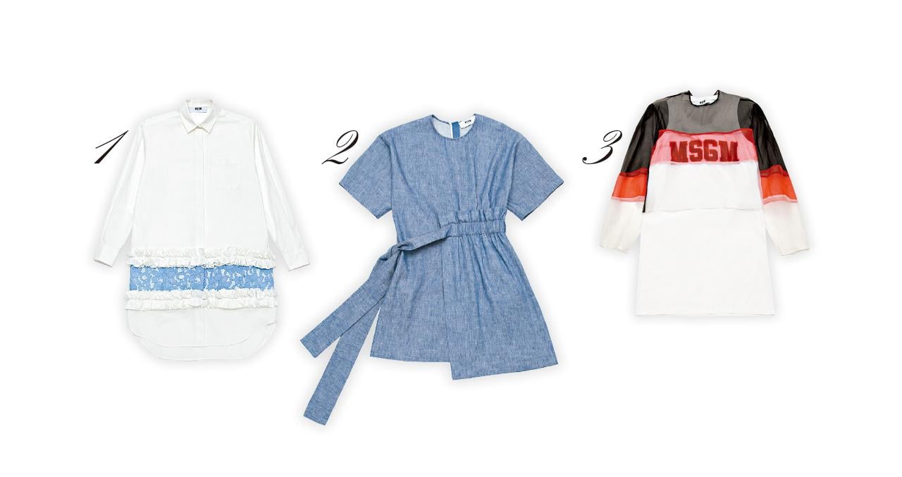 1.白色藍lace ruffles shirt $4,499(E)
2.藍色不規則剪裁束腰dress $3,399(E)
3.黑紅白色字花double top $3,799(E)