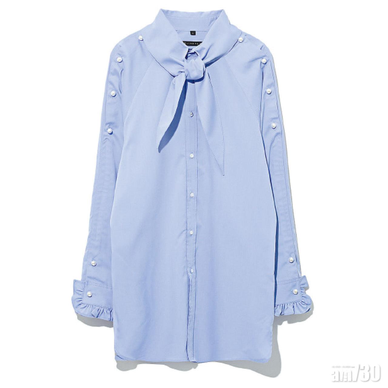 藍色ruffles袖蝴蝶領綴珍珠shirt $4,399(C)