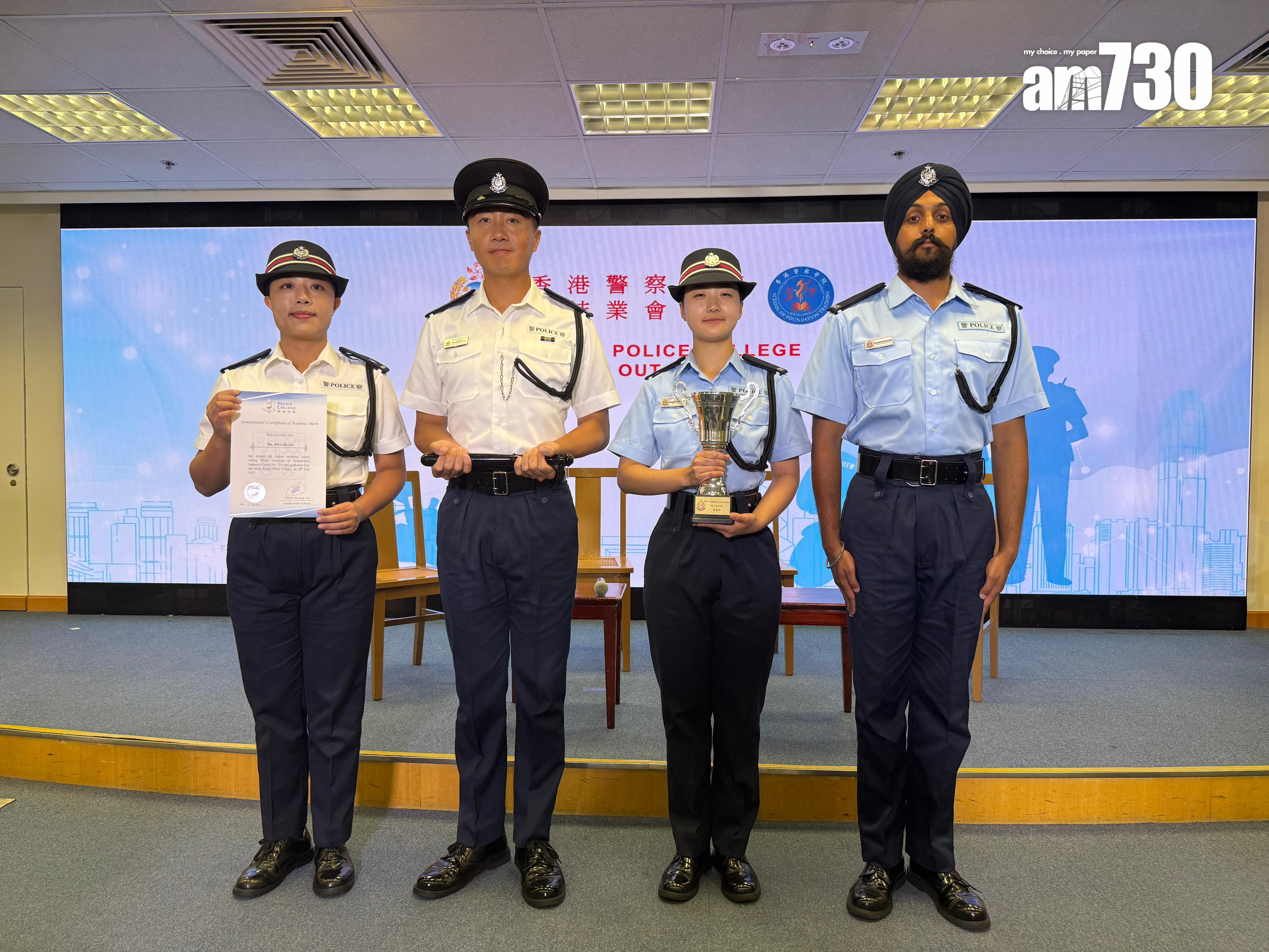 (左起)督察蘇樂儀(Zoe) 、督察鍾偉強(Vincent) 、警員衞靜瑤(Marcella) 及警員singh palvinderjit (阿達)。(鄧昊輝攝)