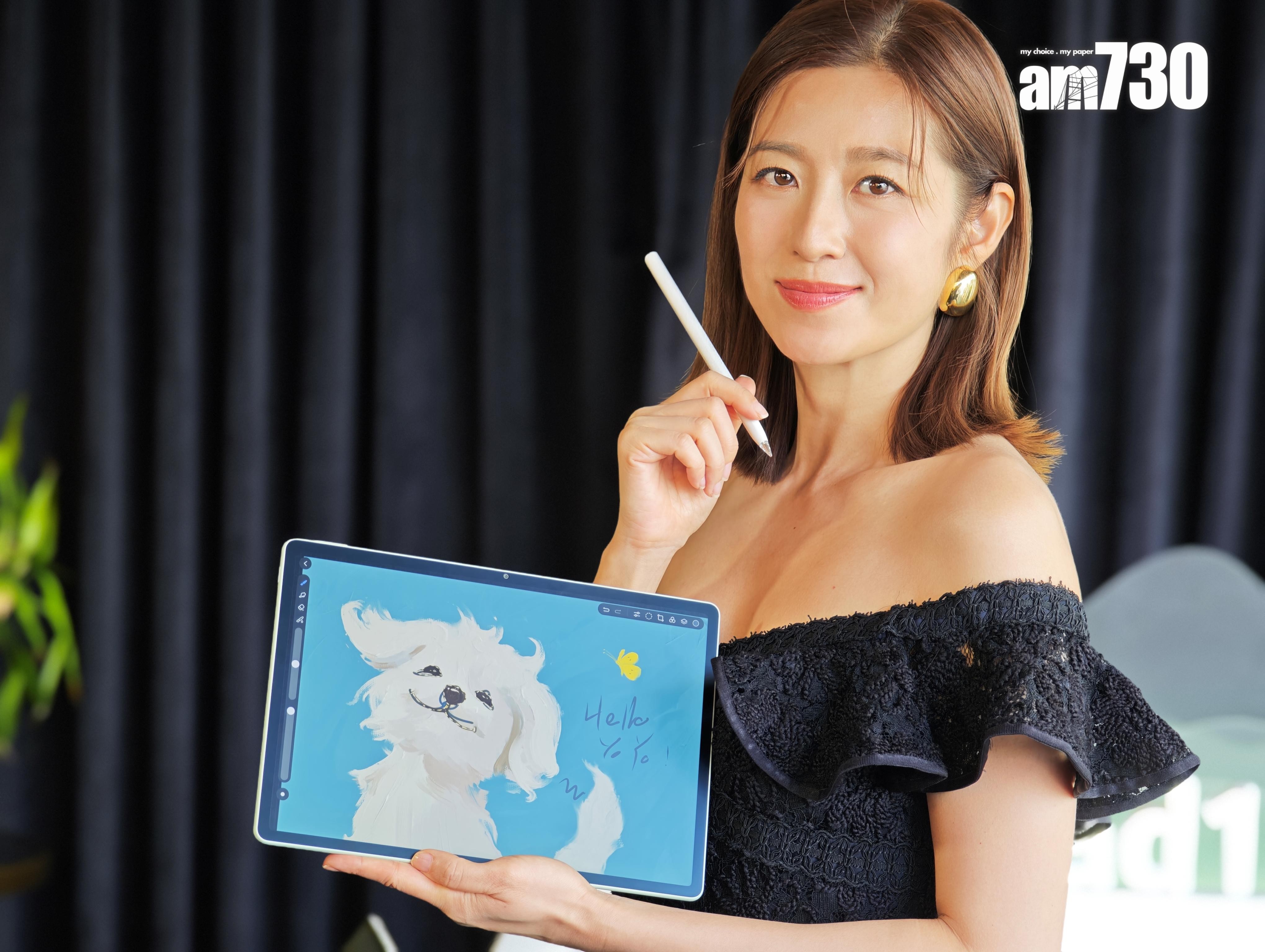 陳自瑤表示特別鍾情這部綠色的平板，輕巧便攜亦方便隨時工作。