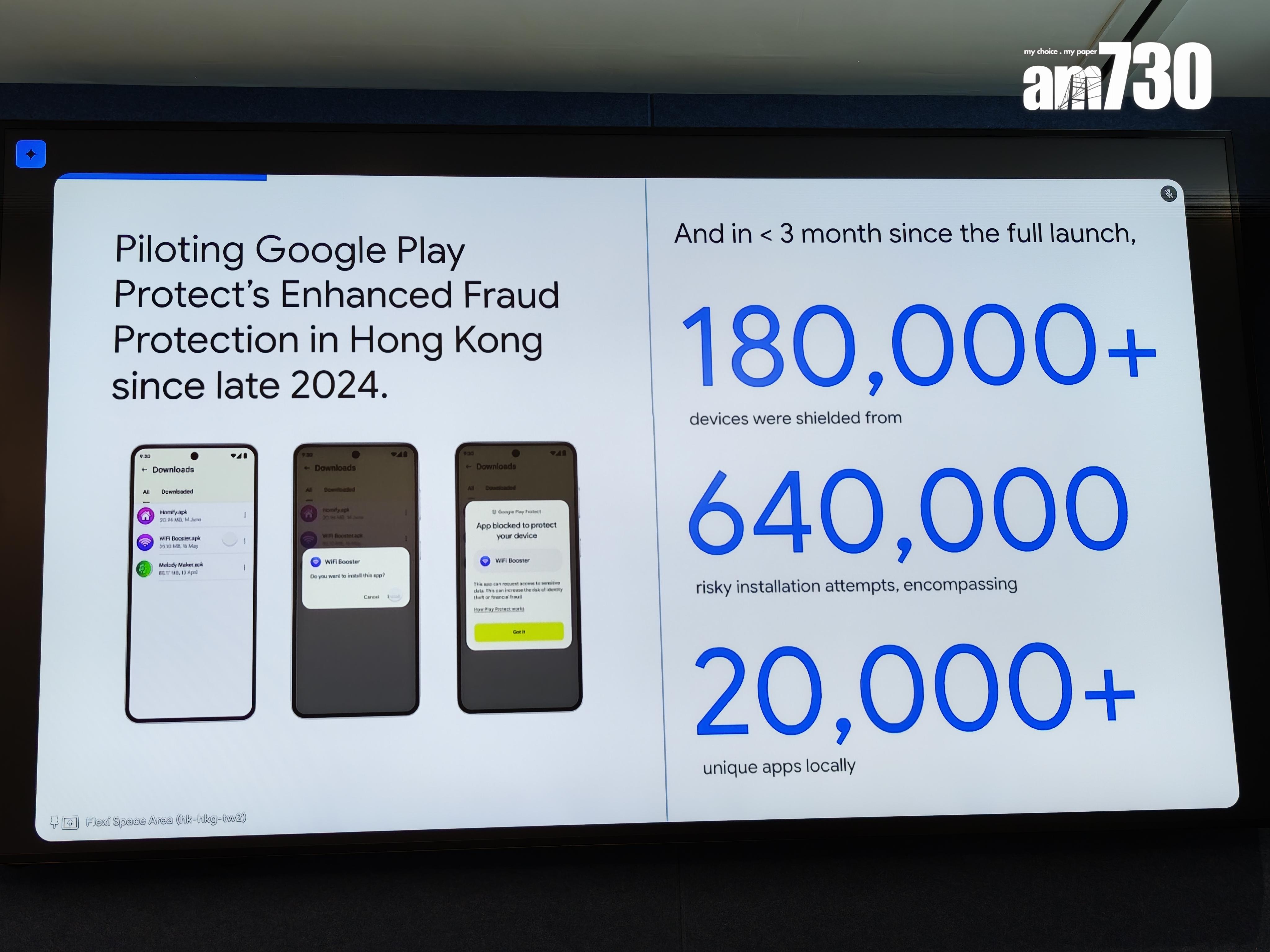 Google Play Protect 「強化防詐騙安全防護」功能成功阻截可疑的威脅。