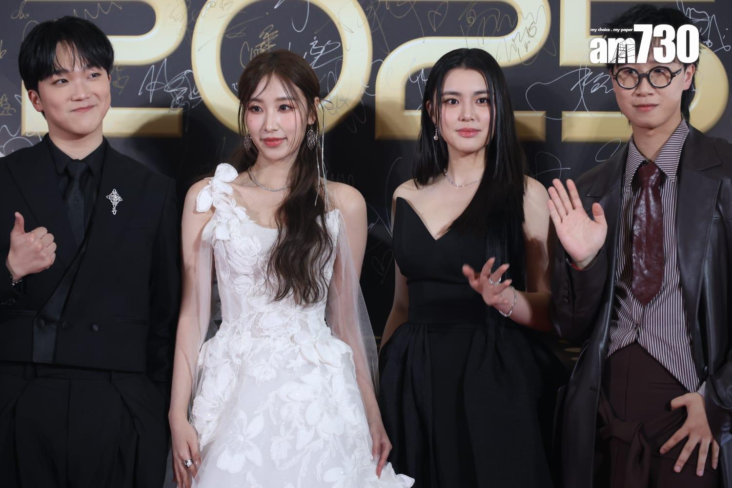 Chantel姚焯菲、Windy詹天文各穿黑白造型亮相紅地毯。 (林俊源攝)