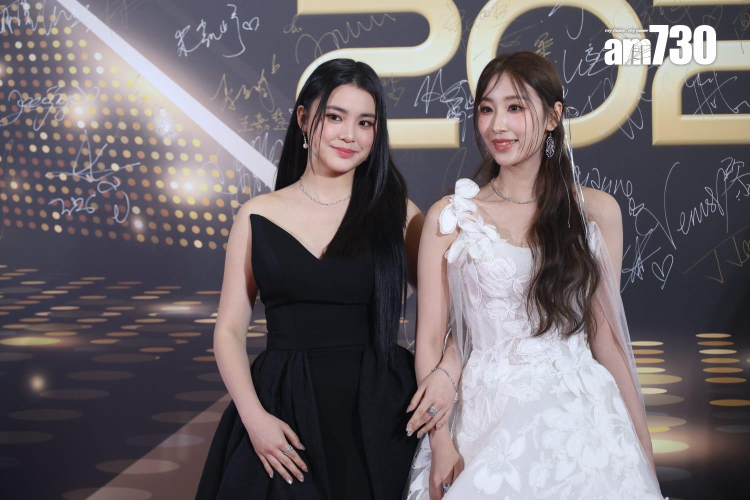 Chantel姚焯菲、Windy詹天文各穿黑白造型亮相紅地毯。 (林俊源攝)