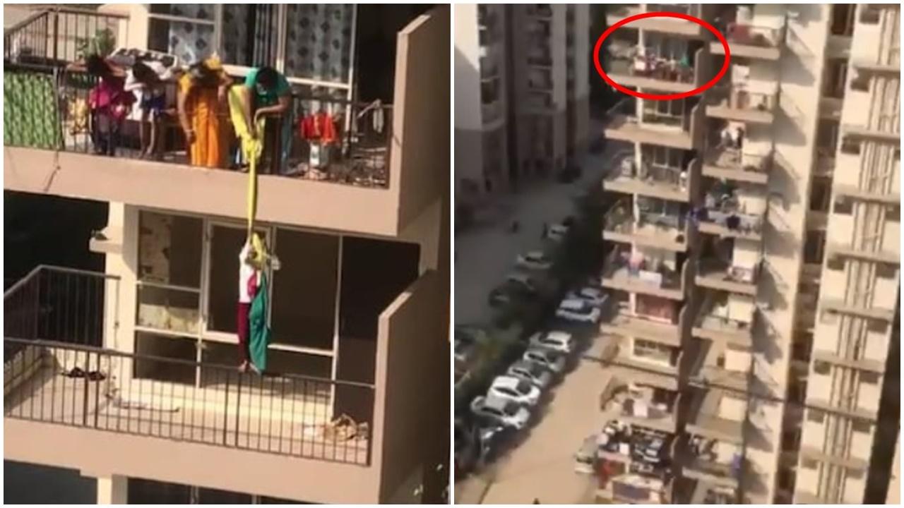 10樓魯莽媽吊個仔落9樓執衫，嚇煞街坊。(網上截圖)