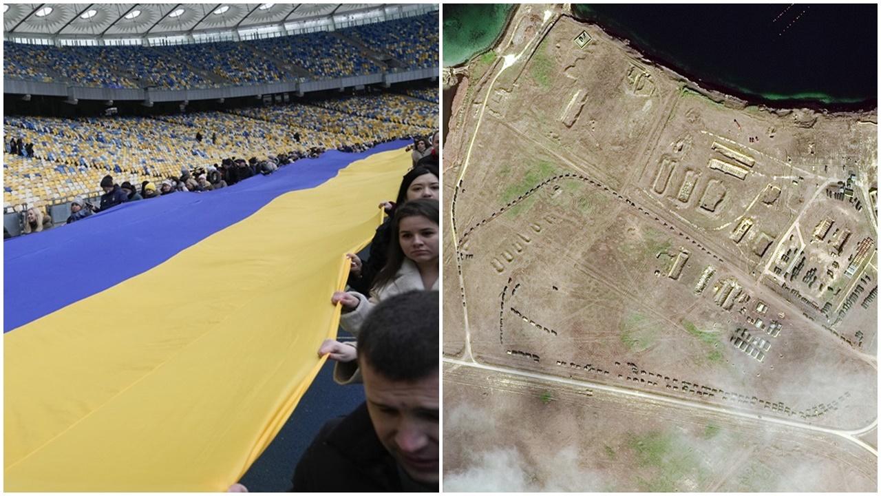 烏民眾團結日上街以示團結，美國北約稱俄續增兵。(AP)