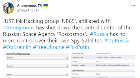 匿名者稱與其有連繫的組織已癱瘓俄間諜衛星。(互聯網)