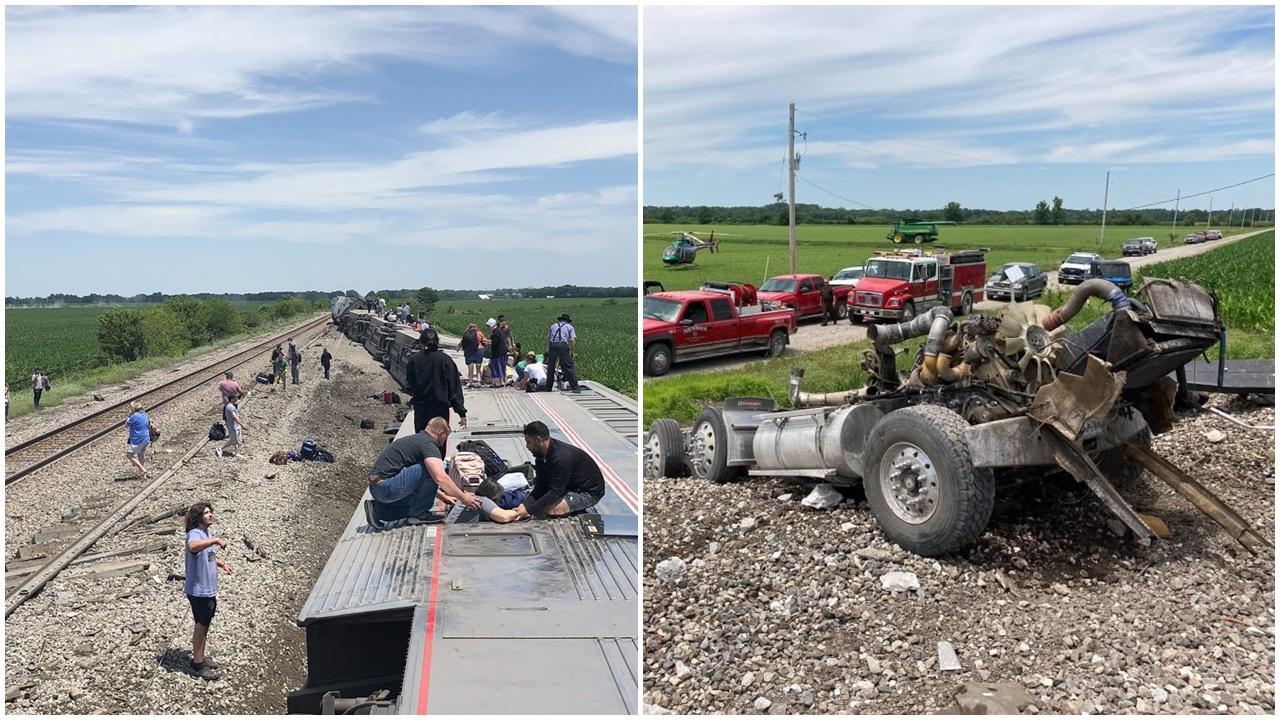 美鐵列車撞垃圾車出軌翻側，至少3死數十傷。(Twitter)