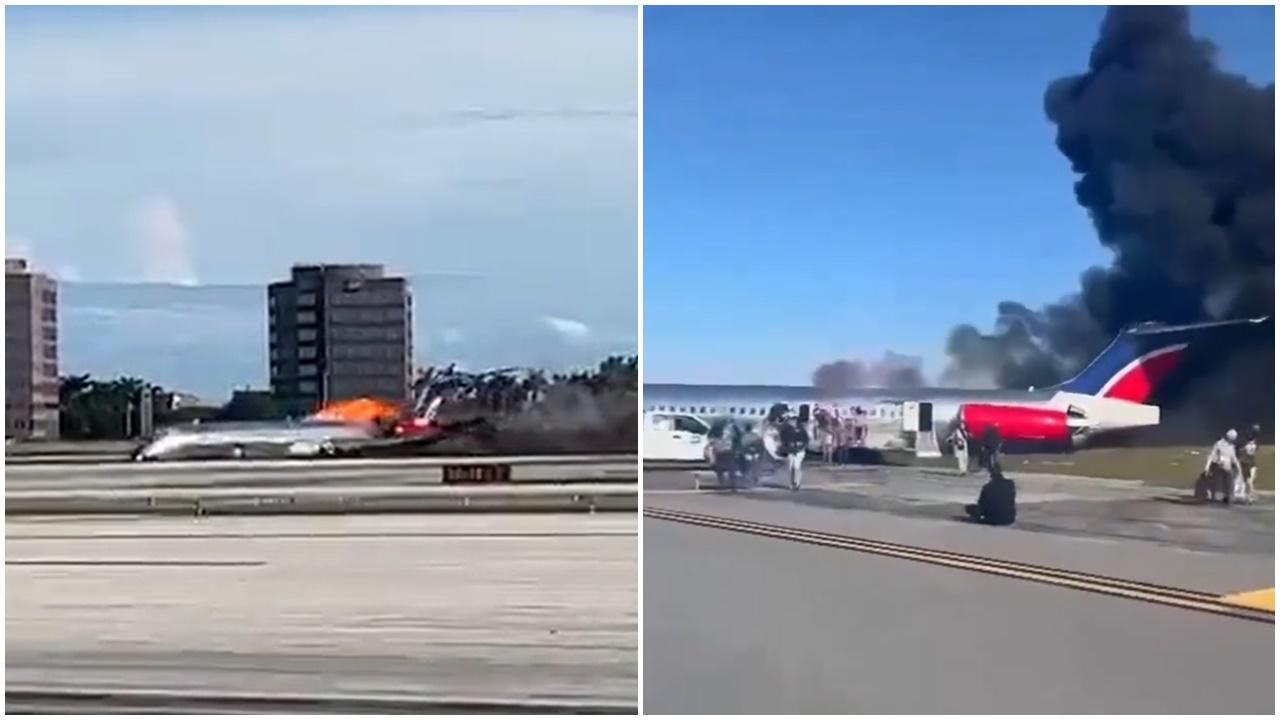 客機機肚降落邁阿密機場起火，3人送院治理。(Twitter)