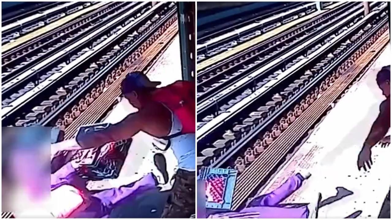 從後推乘客落路軌，紐約警拘涉案壯漢。(Twitter)