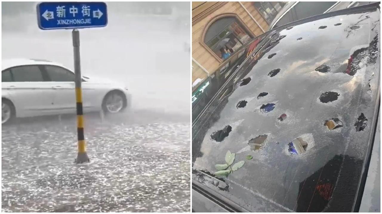 北京落冰雹，多輛汽車被砸穿。(微博)