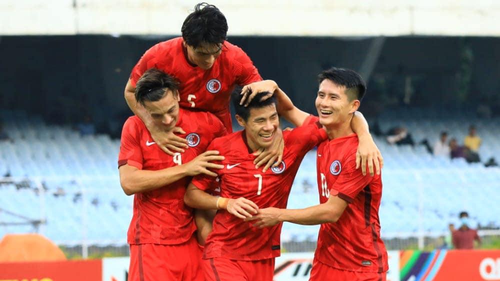 孫銘謙頭槌為港隊頂成2:0。(印度足協圖片)