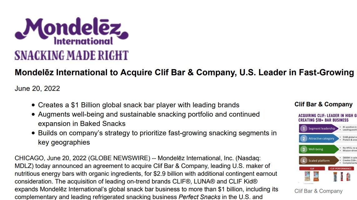 OREO母公司Mondelez斥資29億美元收購能量捧生產商  五年內第9宗收購