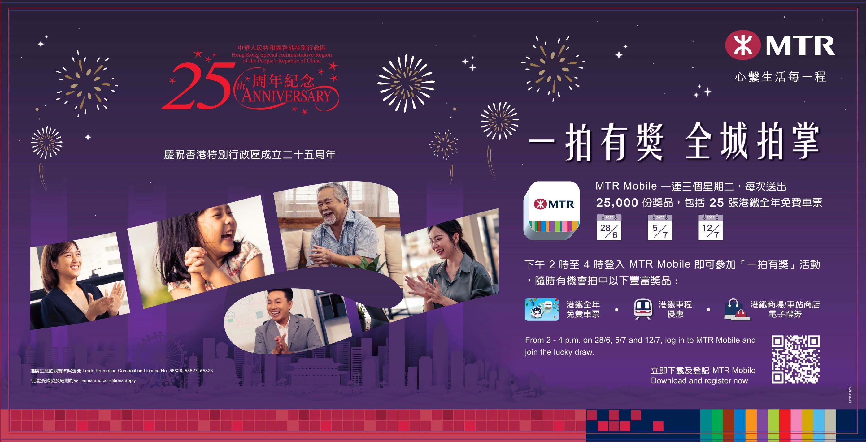 回歸25載｜港鐵「一拍有獎」賀回歸 每周送2.5萬份獎品包括25份全年免費車票