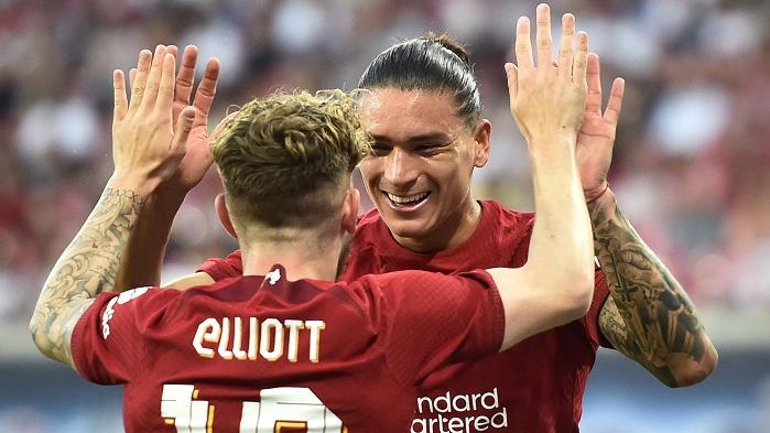 迪雲紐尼斯獨取4球，協助利物浦熱身賽大勝。(路透社)