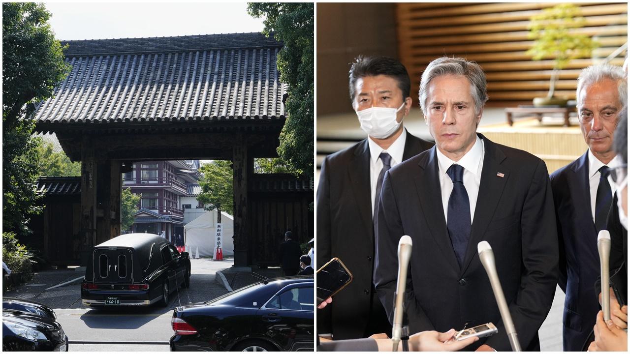 安倍遺體移送東京增上寺，布林肯到東京弔唁。(AP)