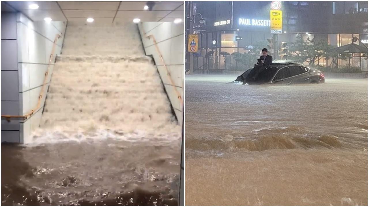 南韓暴雨7死6失蹤，洪水湧入地鐵站，西裝男困快滅頂車上引關注。(Twitter)