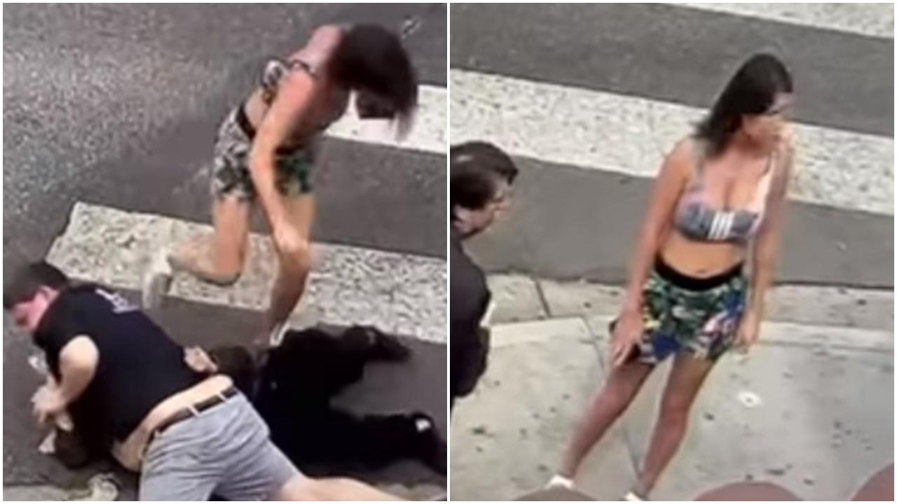 食肆老闆勇擒劫匪，性感女友起腳抽水成焦點。(YouTube)