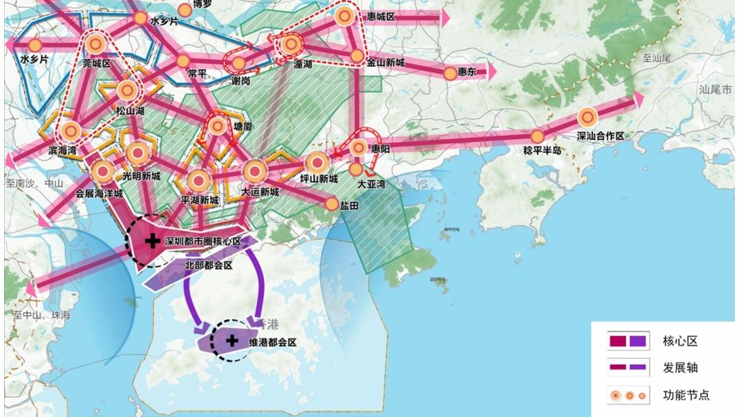廣東省都市圈國土空間規劃協調指引中的「深圳都市圈國土空間發展格局圖」。(互聯網)