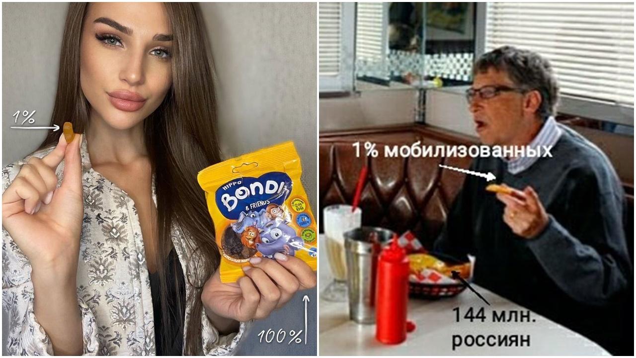 俄動員令宣傳，用軟糖比喻徵兵只是1%「毋須恐慌」。(Twitter)