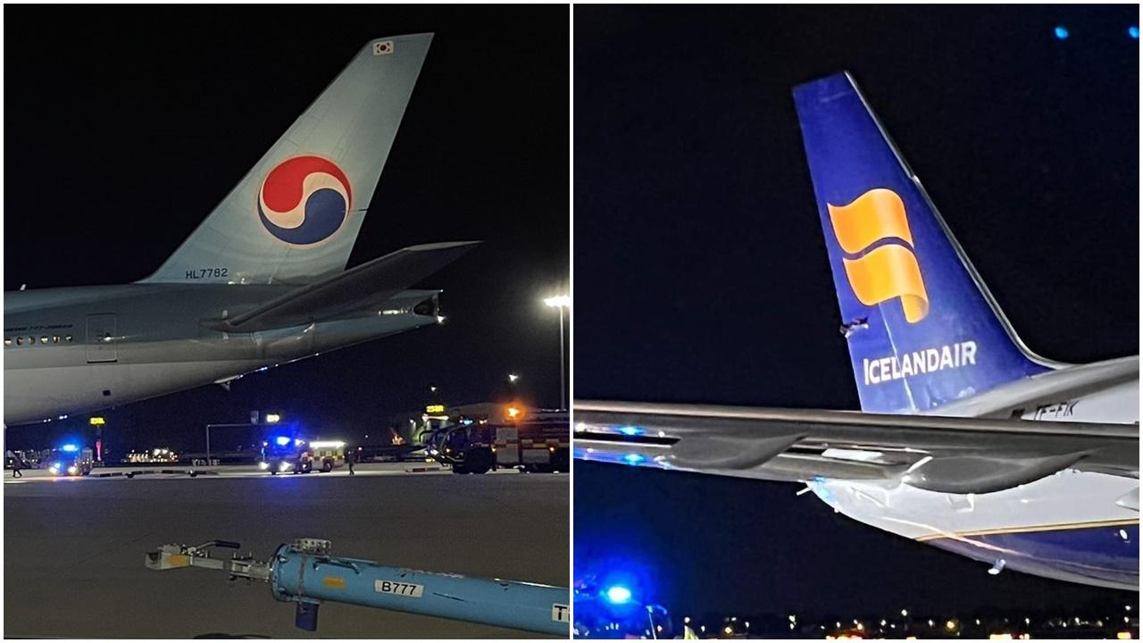 大韓航空客機英國機場與冰島航空客機發生碰撞。(Twitter)