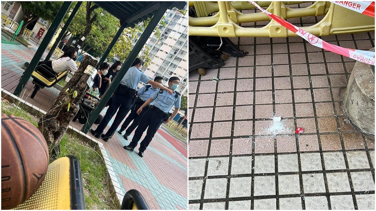 大埔大元邨疑有狂徒高空擲物，有人將玻璃樽掟落籃球場。(區議員區鎮濠fb圖片)