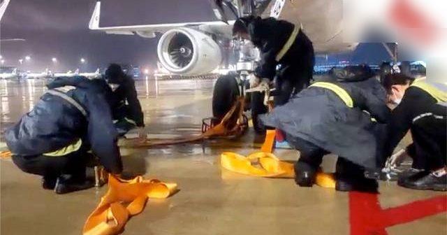 上海機場將飛機固定在地面。(互聯網)