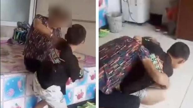 男童被嫲嫲體罰後，勒住嫲嫲頸項將其壓制在地。(互聯網)
