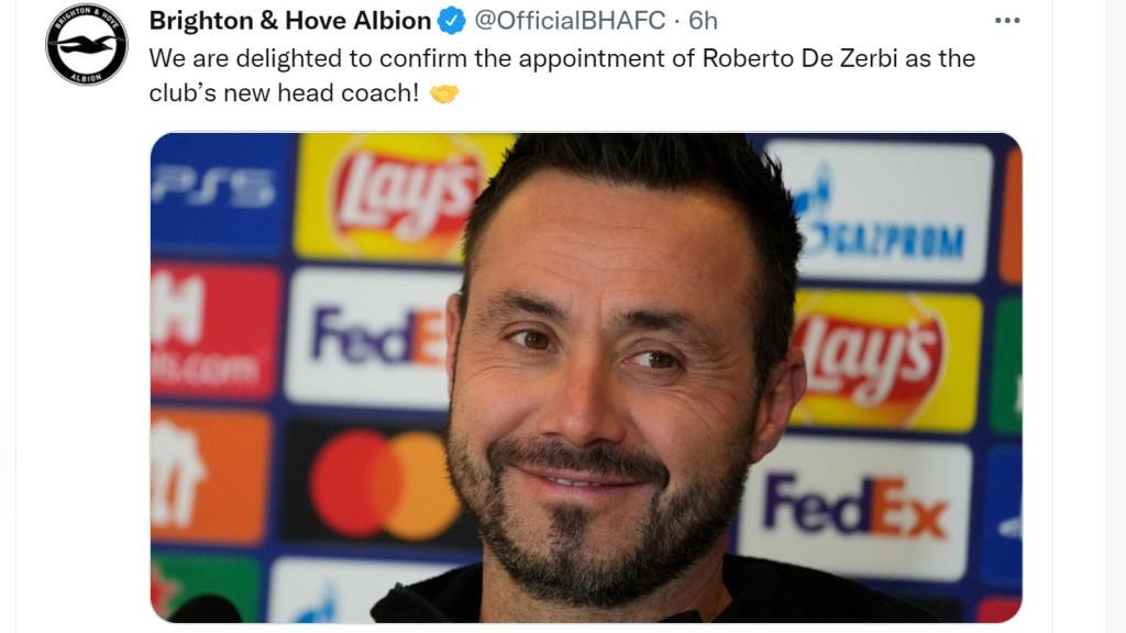 白禮頓已正式任命迪沙比出任主帥。(白禮頓Twitter截圖)