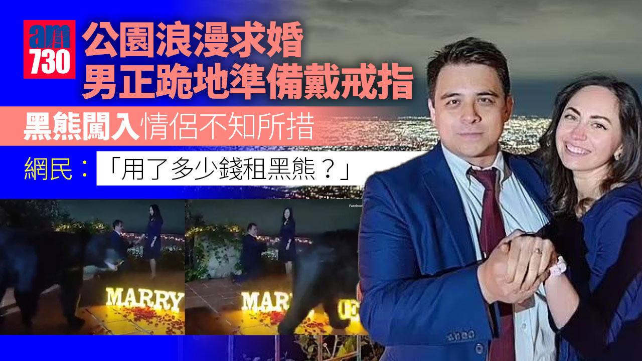 公園浪漫求婚男正跪地準備戴戒指 黑熊闖入情侶不知所措(有片)