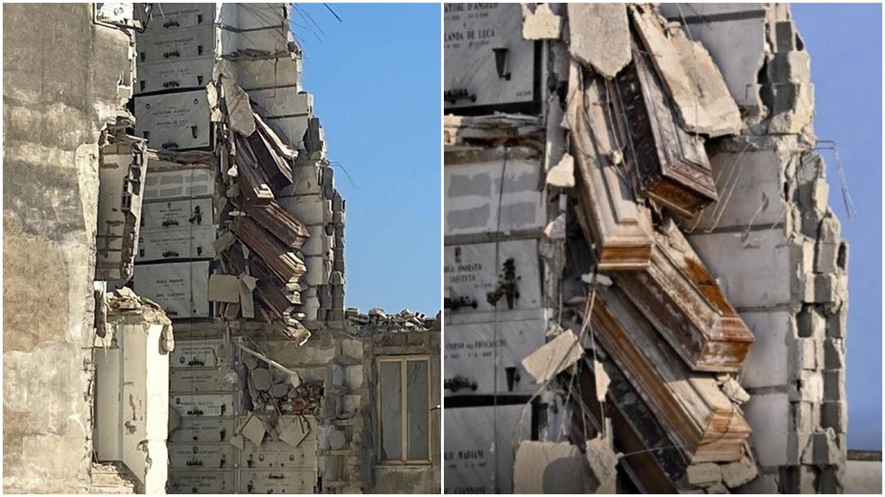 棺材懸半空搖搖欲墜，那不勒斯公墓建築崩塌惹眾怒。(Twitter)